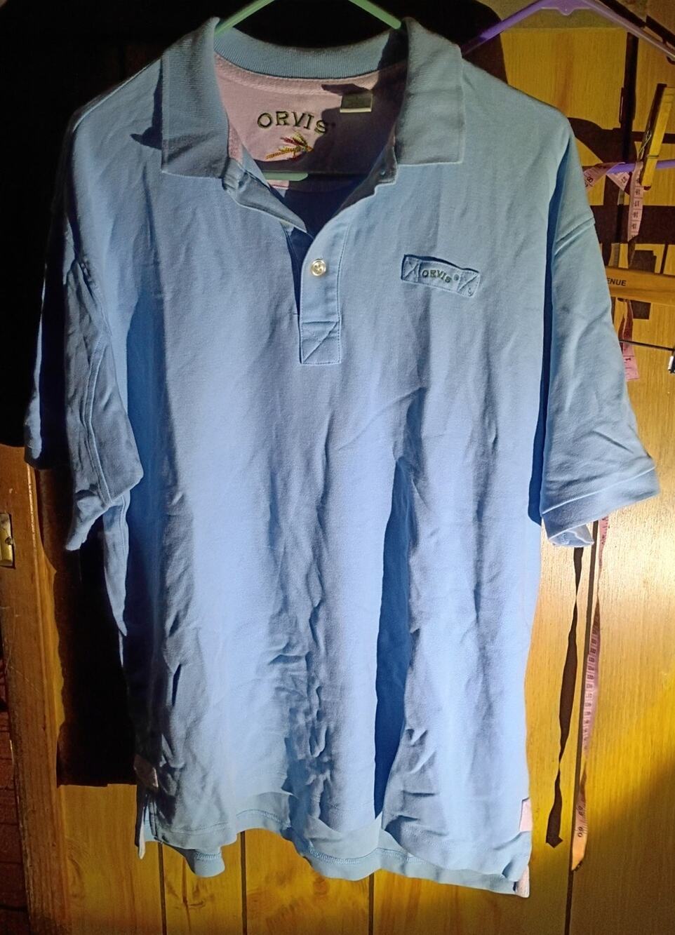 Orvis Mens Cotton Polo Shirt Large Light Blue Fly Fishing Logo Pocket Preppy